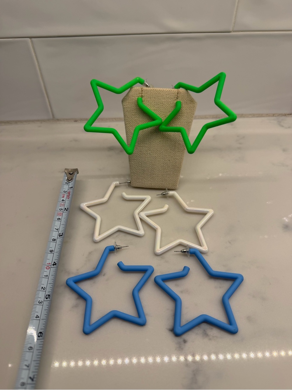 3 pairs Star-Shaped Hoop Earrings - Green, White & Blue